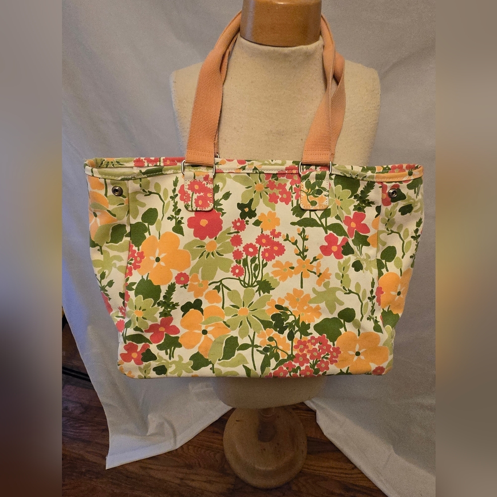 Eddie Bauer Floral Canvas Tote with Tan Accents